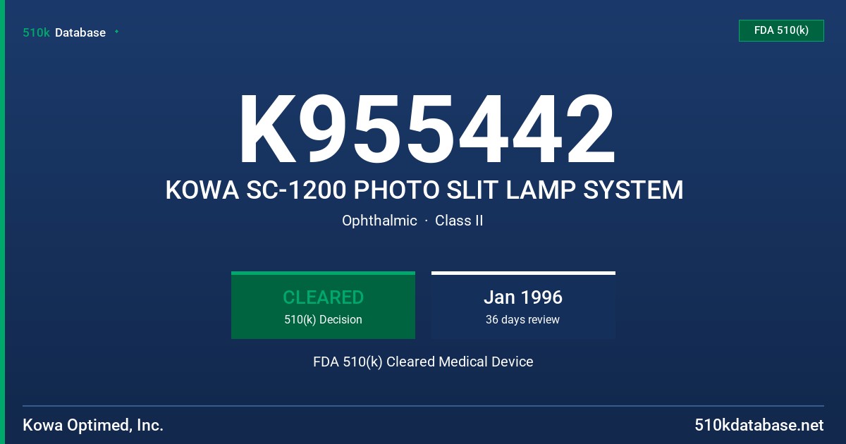 K955442 KOWA SC-1200 PHOTO SLIT LAMP SYSTEM FDA 510(k) Cleared Medical Device