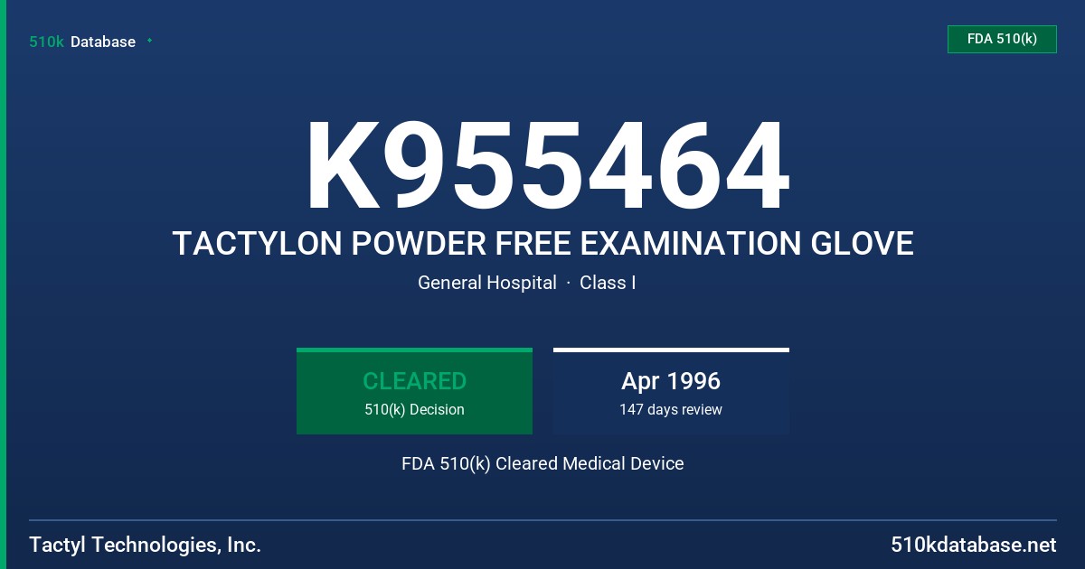 K955464 TACTYLON POWDER FREE EXAMINATION GLOVE FDA 510(k) Cleared Medical Device