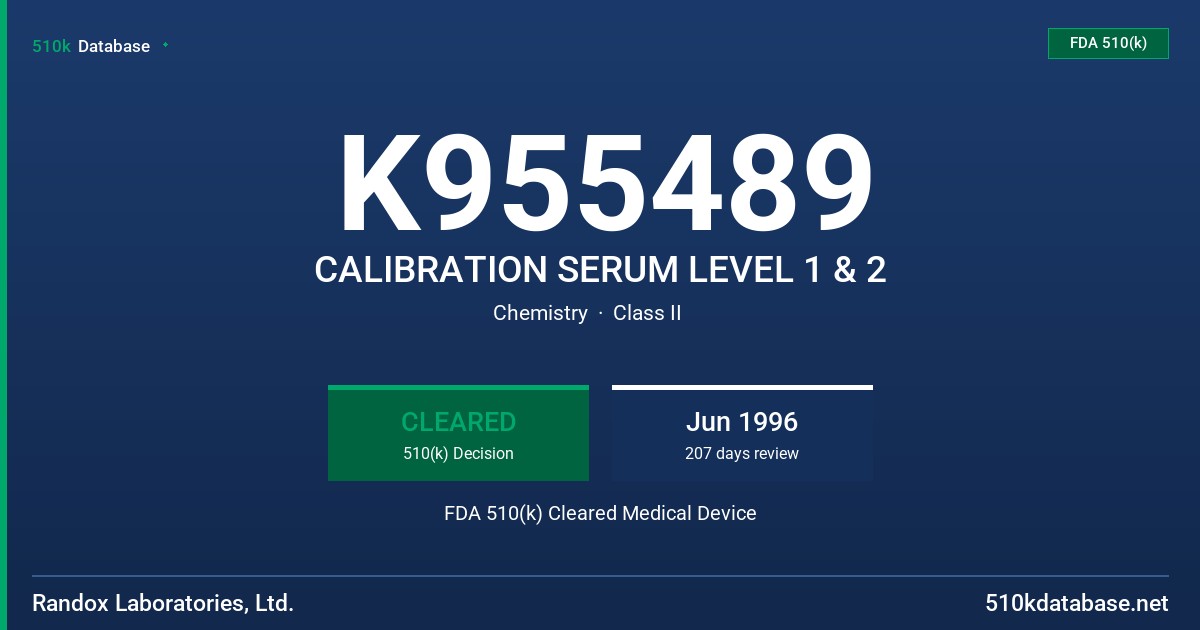 K955489 CALIBRATION SERUM LEVEL 1 & 2 FDA 510(k) Cleared Medical Device