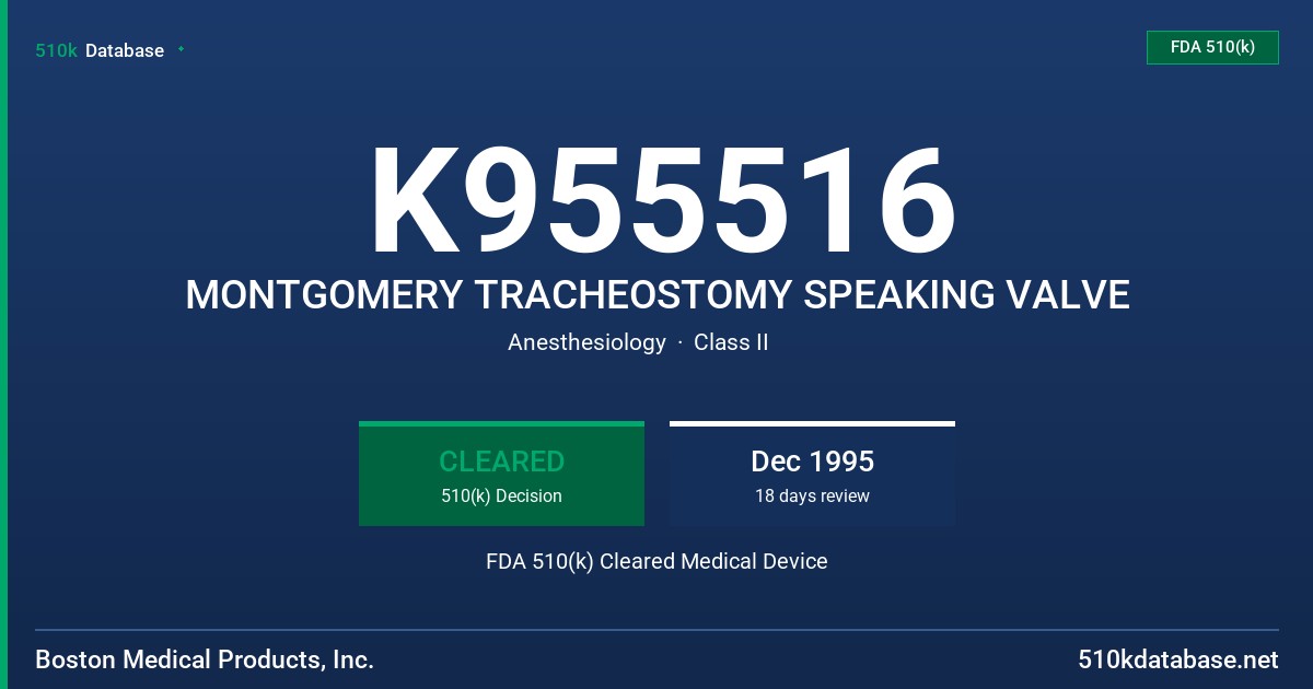 K955516 MONTGOMERY TRACHEOSTOMY SPEAKING VALVE FDA 510(k) Cleared Medical Device