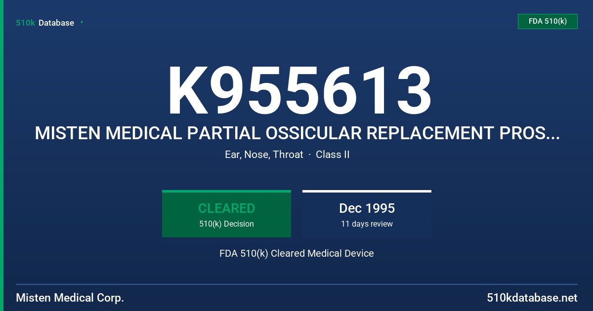 K955613 MISTEN MEDICAL PARTIAL OSSICULAR REPLACEMENT PROSTHESIS FDA 510(k) Cleared Medical Device
