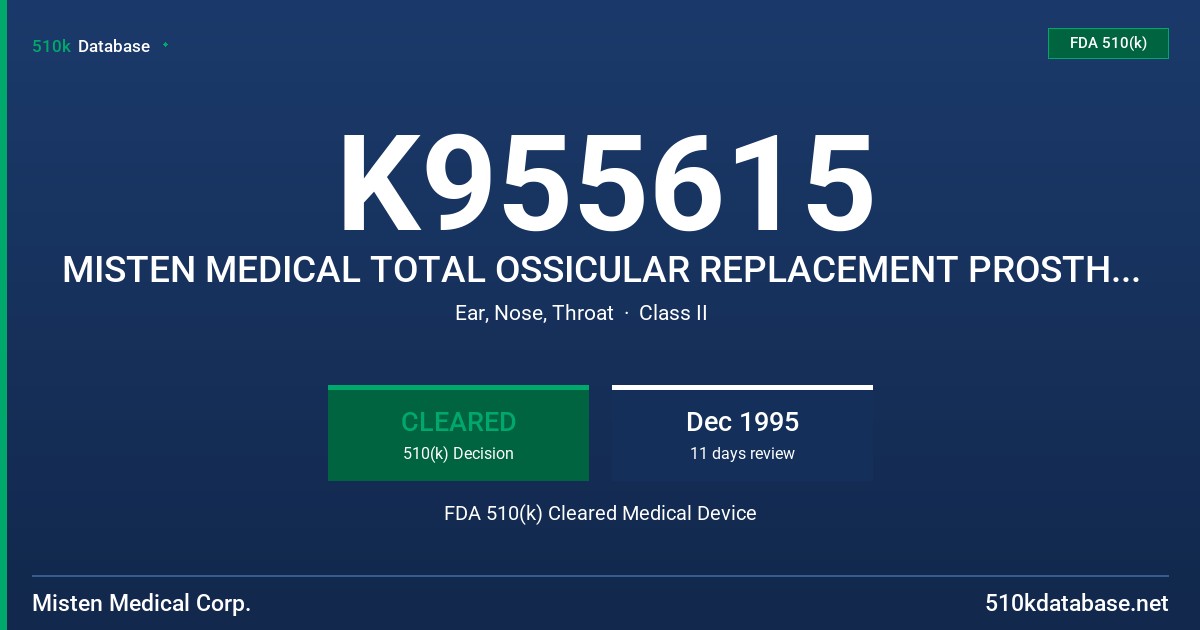 K955615 MISTEN MEDICAL TOTAL OSSICULAR REPLACEMENT PROSTHESIS FDA 510(k) Cleared Medical Device