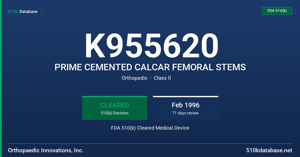 K955620 PRIME CEMENTED CALCAR FEMORAL STEMS FDA 510(k) Cleared Medical Device