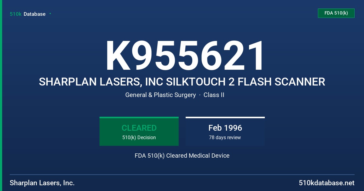 K955621 SHARPLAN LASERS, INC SILKTOUCH 2 FLASH SCANNER FDA 510(k) Cleared Medical Device