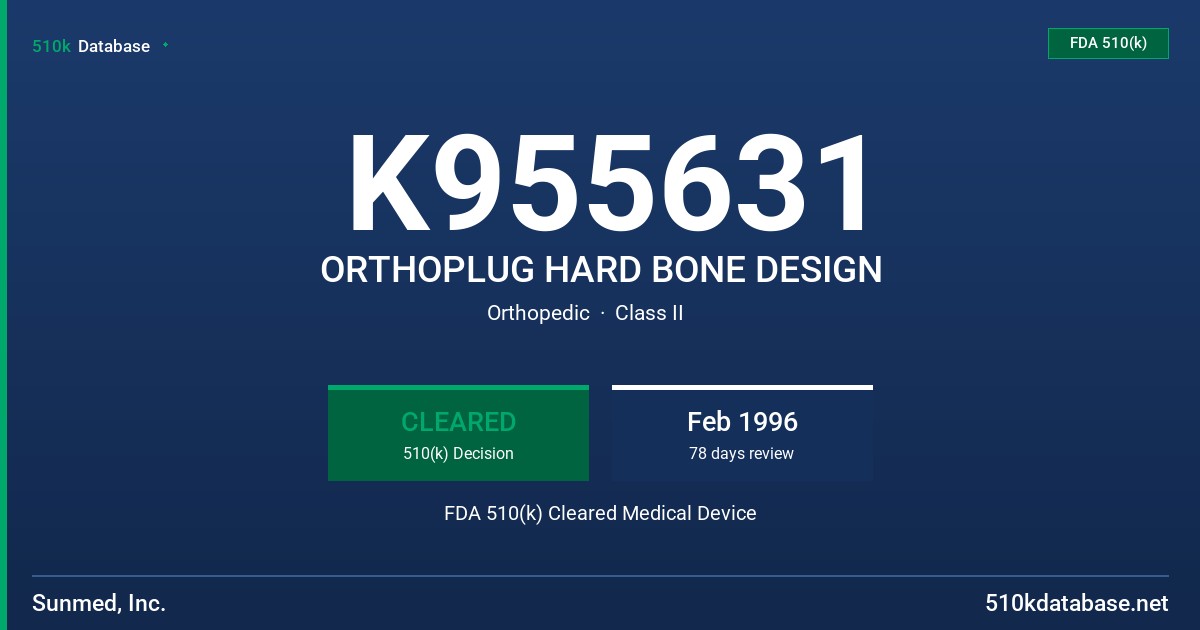 K955631 ORTHOPLUG HARD BONE DESIGN FDA 510(k) Cleared Medical Device