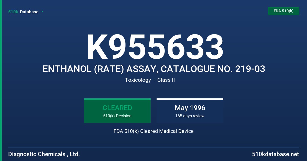 K955633 ENTHANOL (RATE) ASSAY, CATALOGUE NO. 219-03 FDA 510(k) Cleared Medical Device