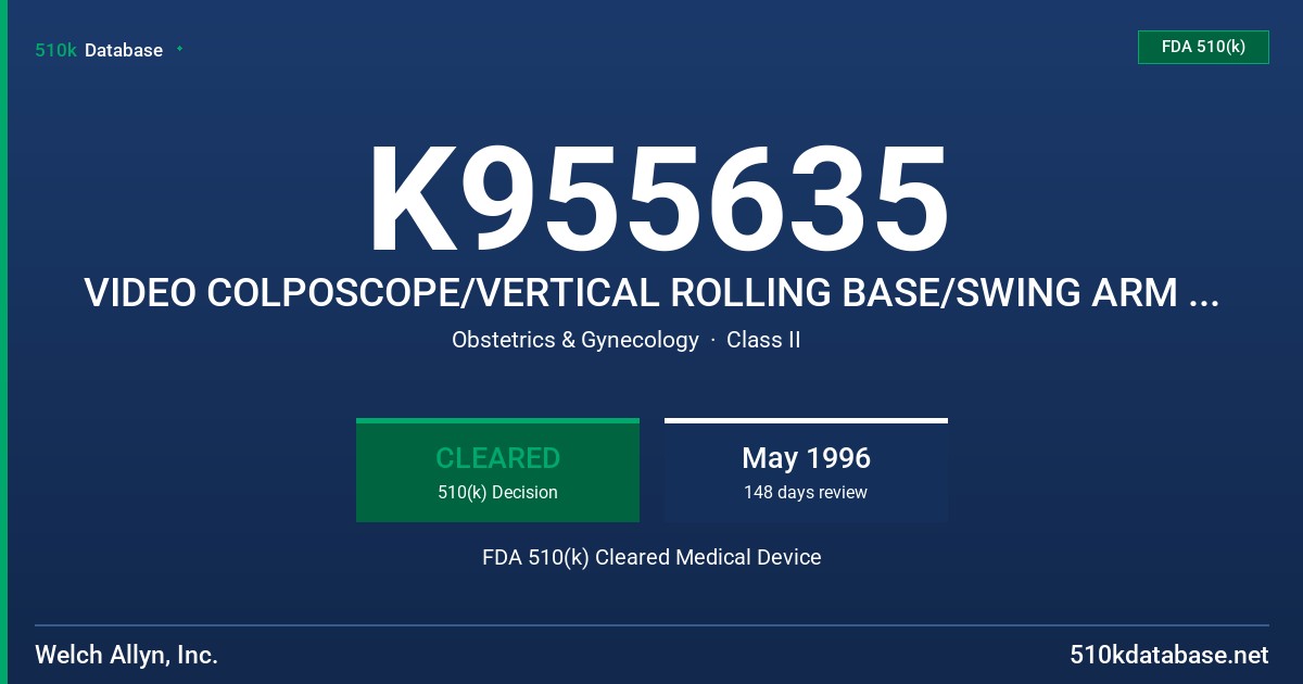 K955635 VIDEO COLPOSCOPE/VERTICAL ROLLING BASE/SWING ARM STAND FDA 510(k) Cleared Medical Device