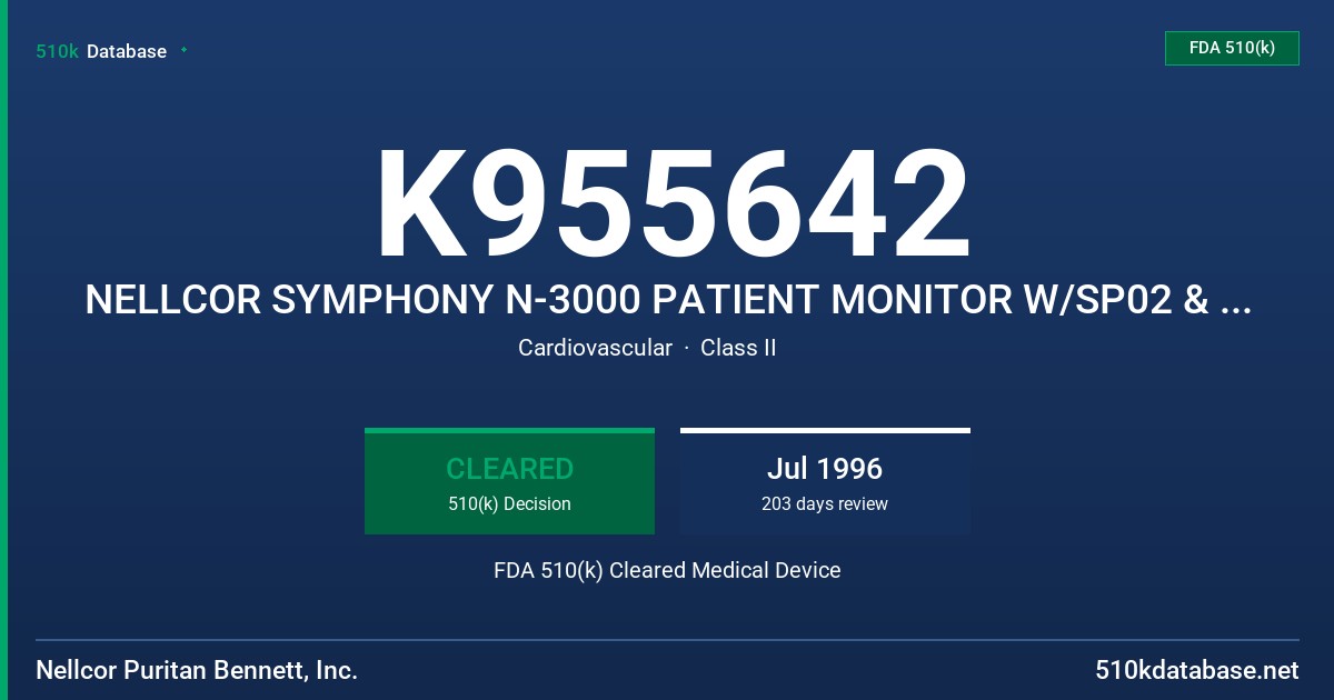 K955642 NELLCOR SYMPHONY N-3000 PATIENT MONITOR W/SP02 & ECG/N-3200 DISPLAY/PRINTER FDA 510(k) Cleared Medical Device