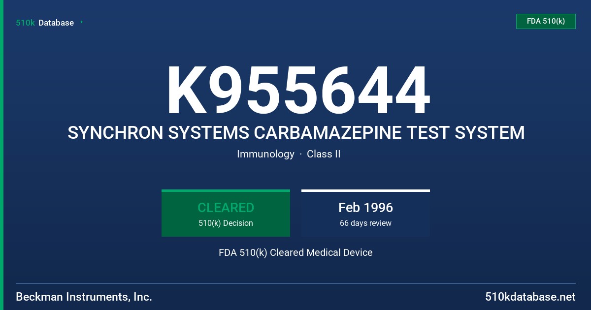 K955644 SYNCHRON SYSTEMS CARBAMAZEPINE TEST SYSTEM FDA 510(k) Cleared Medical Device