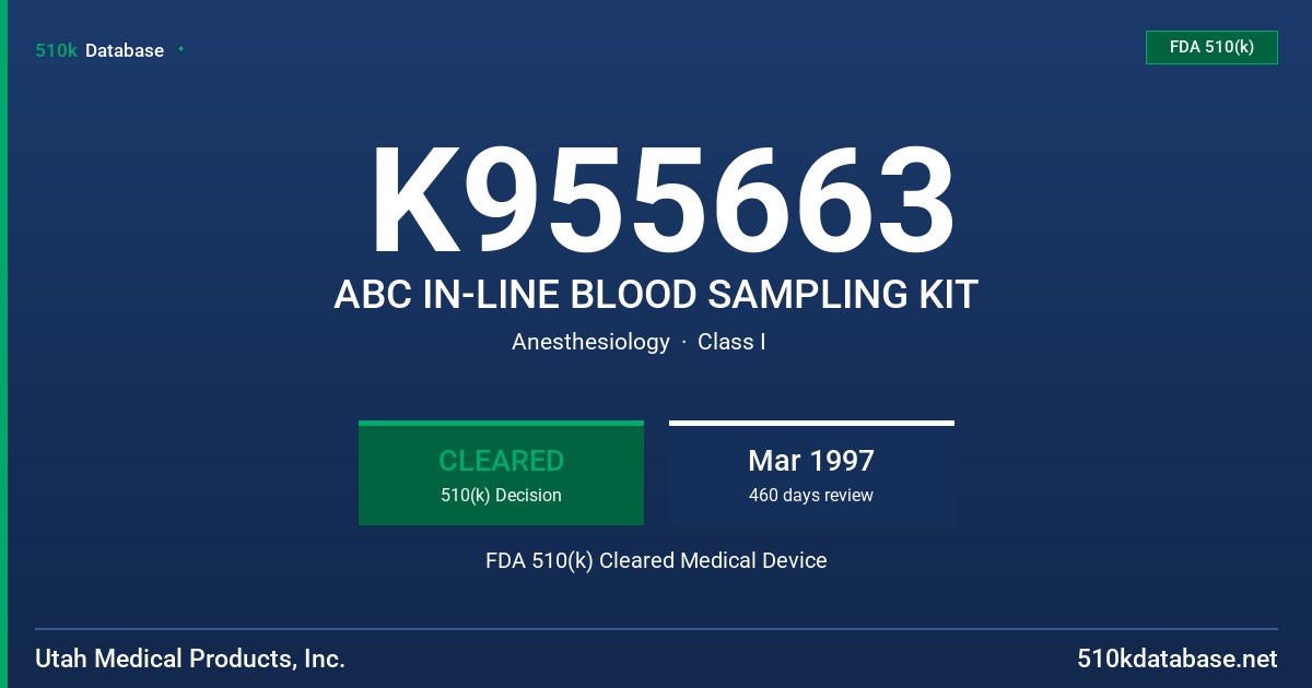 K955663 ABC IN-LINE BLOOD SAMPLING KIT FDA 510(k) Cleared Medical Device