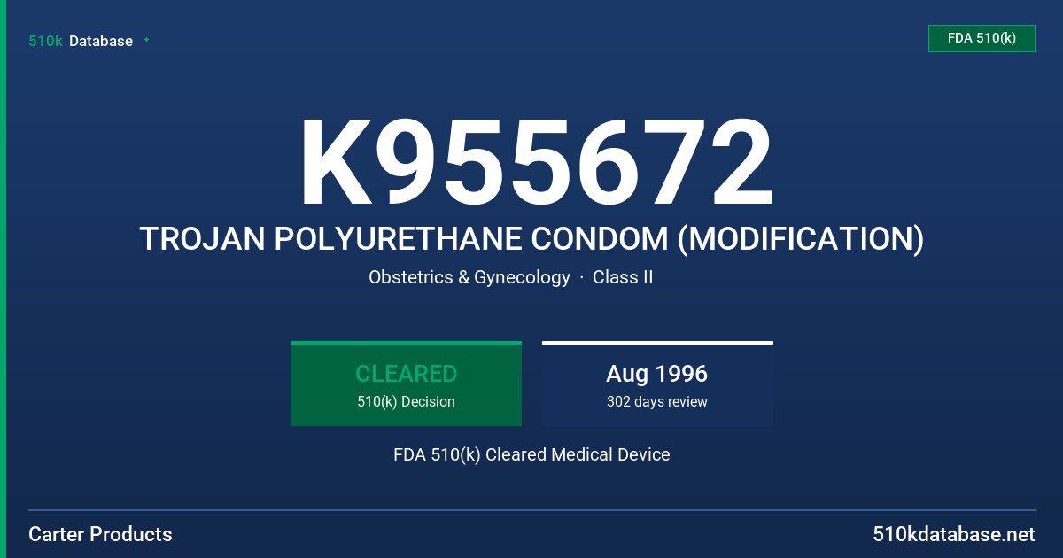 K955672 TROJAN POLYURETHANE CONDOM (MODIFICATION) FDA 510(k) Cleared Medical Device