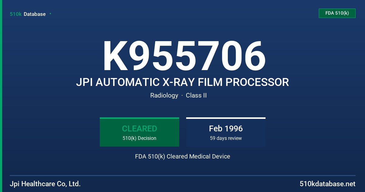 K955706 JPI AUTOMATIC X-RAY FILM PROCESSOR FDA 510(k) Cleared Medical Device