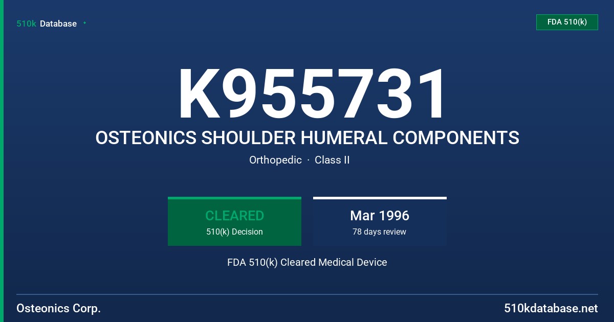 K955731 OSTEONICS SHOULDER HUMERAL COMPONENTS FDA 510(k) Cleared Medical Device