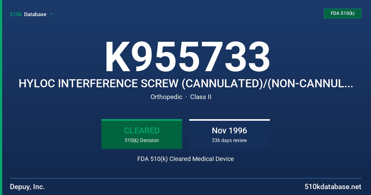 K955733 HYLOC INTERFERENCE SCREW (CANNULATED)/(NON-CANNULATED) FDA 510(k) Cleared Medical Device