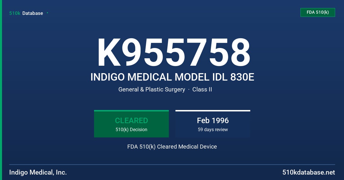 K955758 INDIGO MEDICAL MODEL IDL 830E FDA 510(k) Cleared Medical Device