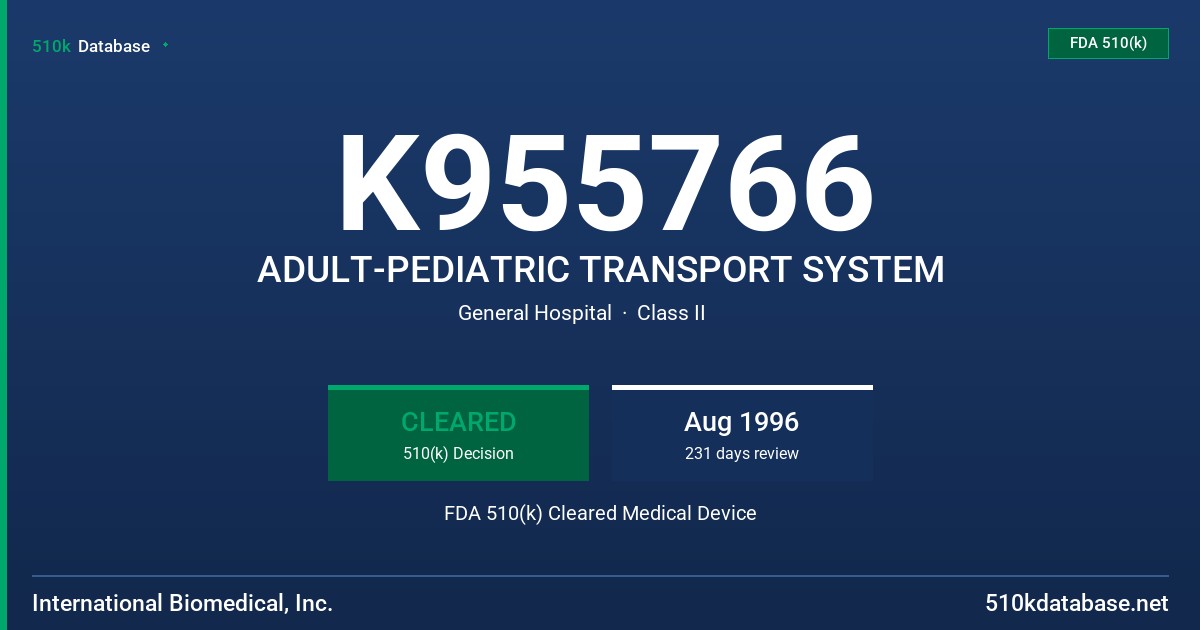 K955766 ADULT-PEDIATRIC TRANSPORT SYSTEM FDA 510(k) Cleared Medical Device