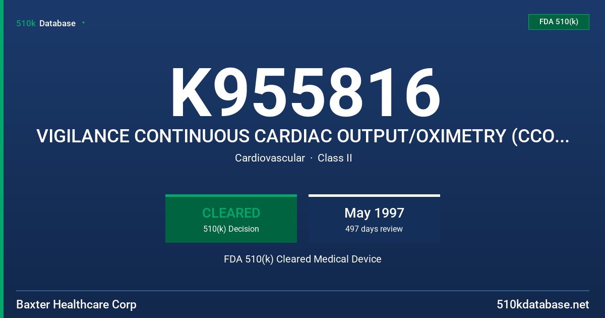 K955816 VIGILANCE CONTINUOUS CARDIAC OUTPUT/OXIMETRY (CCO/SVO2) MONITOR FDA 510(k) Cleared Medical Device