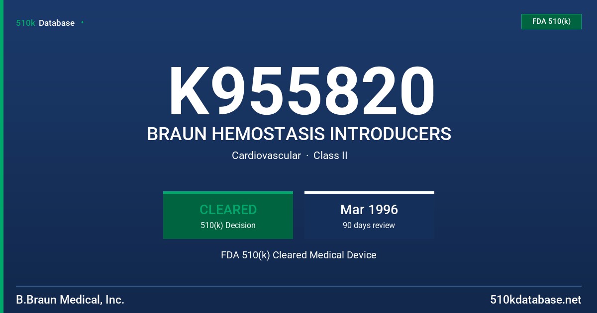 K955820 BRAUN HEMOSTASIS INTRODUCERS FDA 510(k) Cleared Medical Device