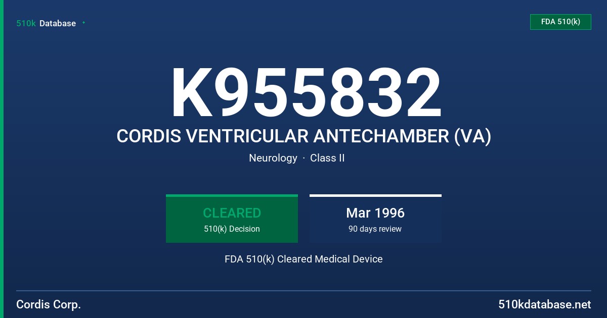 K955832 CORDIS VENTRICULAR ANTECHAMBER (VA) FDA 510(k) Cleared Medical Device