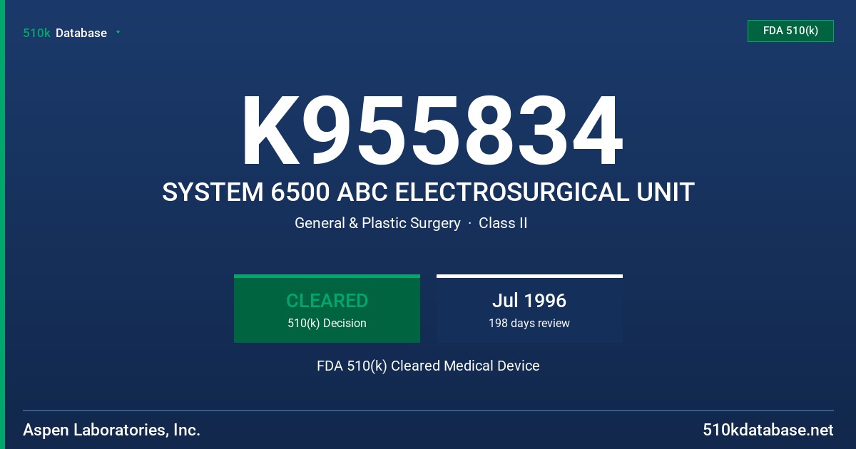 K955834 SYSTEM 6500 ABC ELECTROSURGICAL UNIT FDA 510(k) Cleared Medical Device