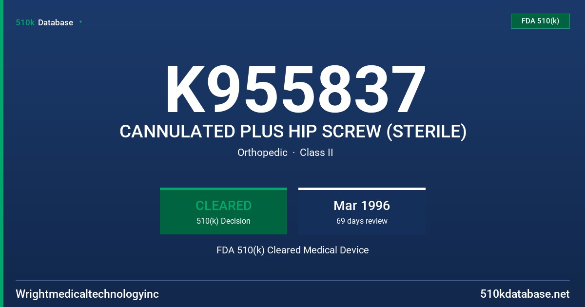 K955837 CANNULATED PLUS HIP SCREW (STERILE) FDA 510(k) Cleared Medical Device
