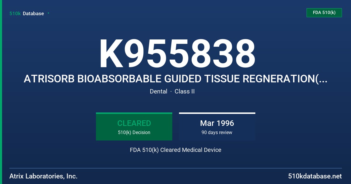 K955838 ATRISORB BIOABSORBABLE GUIDED TISSUE REGNERATION(GTR) FDA 510(k) Cleared Medical Device