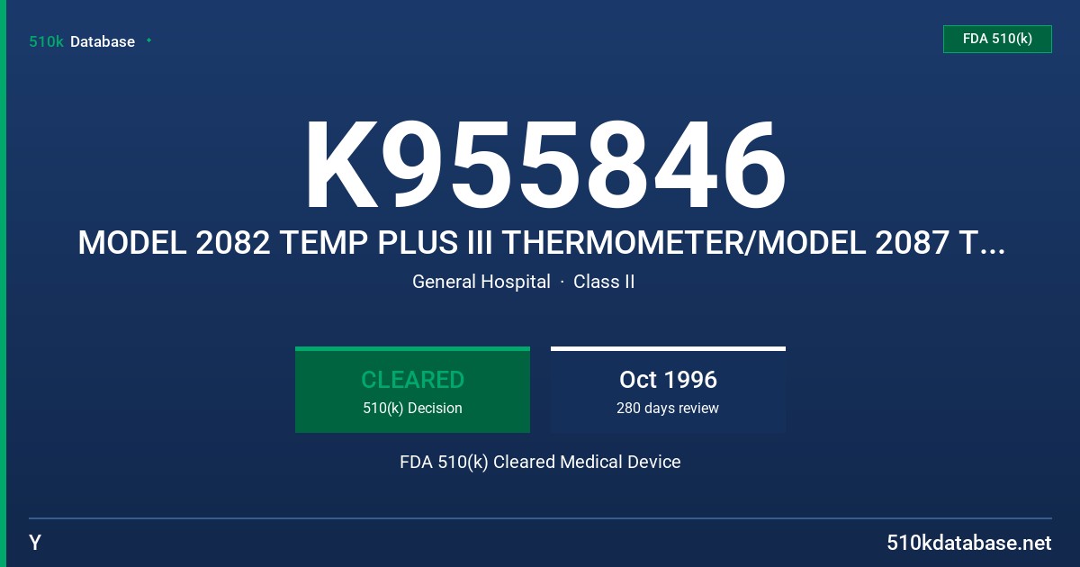K955846 MODEL 2082 TEMP PLUS III THERMOMETER/MODEL 2087 TEMP PLUS III WALL MOUNT THERMOMETER FDA 510(k) Cleared Medical Device