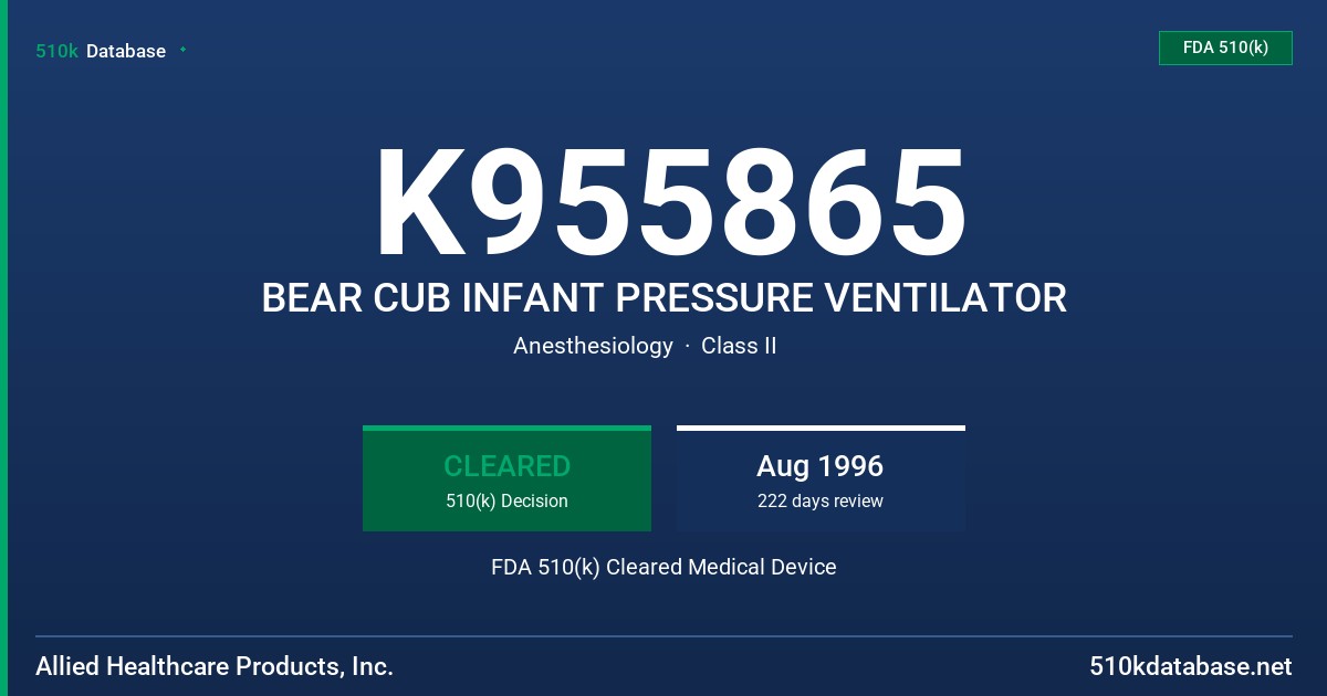 K955865 BEAR CUB INFANT PRESSURE VENTILATOR FDA 510(k) Cleared Medical Device