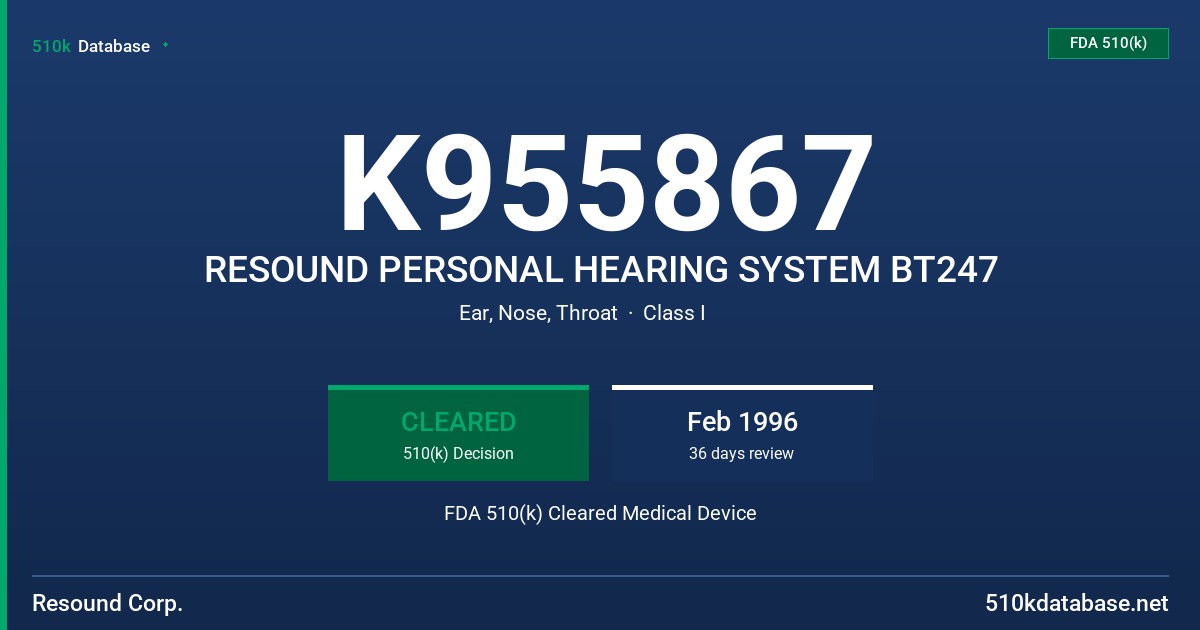 K955867 RESOUND PERSONAL HEARING SYSTEM BT247 FDA 510(k) Cleared Medical Device