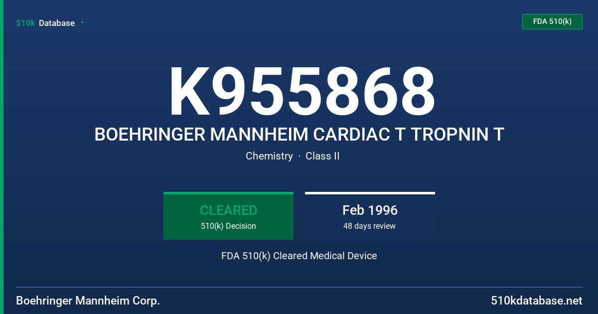 K955868 BOEHRINGER MANNHEIM CARDIAC T TROPNIN T FDA 510(k) Cleared Medical Device