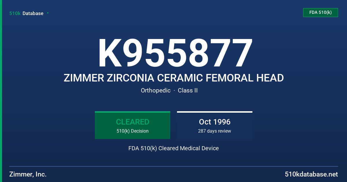 K955877 ZIMMER ZIRCONIA CERAMIC FEMORAL HEAD FDA 510(k) Cleared Medical Device