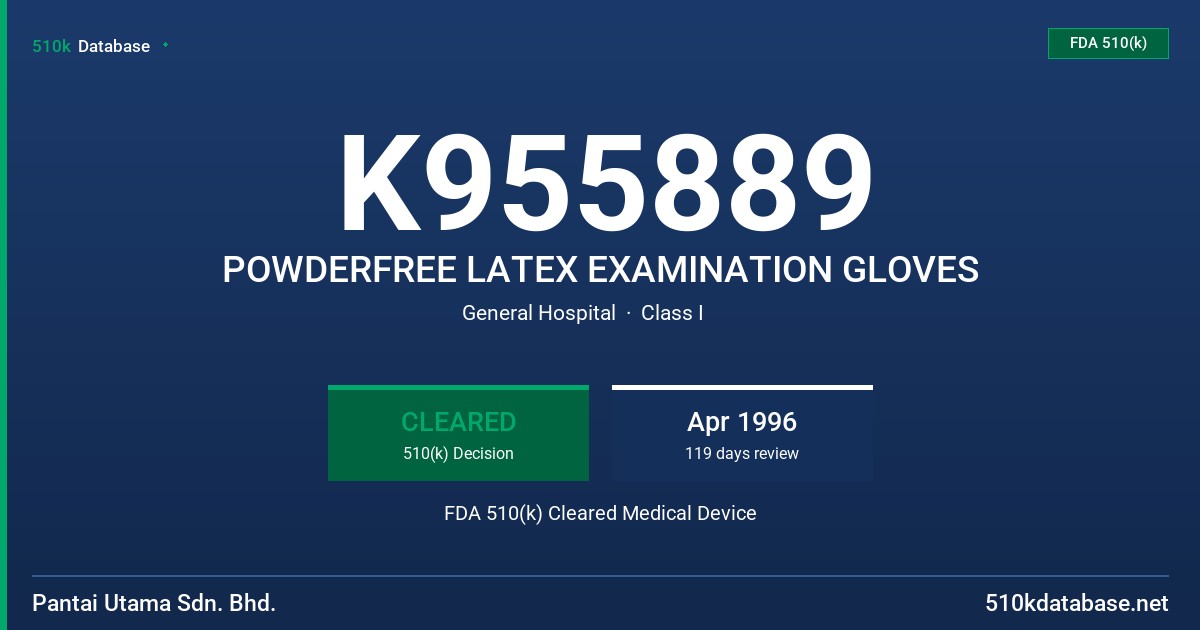 K955889 POWDERFREE LATEX EXAMINATION GLOVES FDA 510(k) Cleared Medical Device