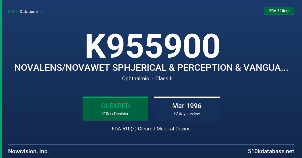 K955900 NOVALENS/NOVAWET SPHJERICAL & PERCEPTION & VANGUARD MULTIFOCAL &/OR BIFOCAL (ROSIFOCON A) RIGID GAS PERMEABLE CONTACT LR FDA 510(k) Cleared Medical Device