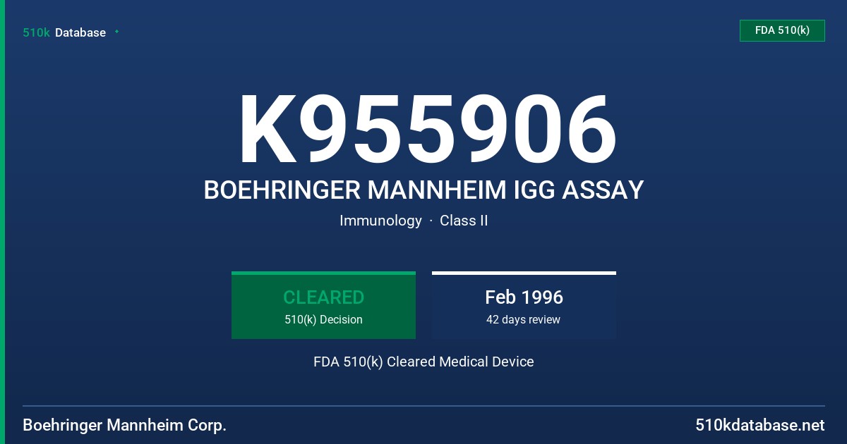 K955906 BOEHRINGER MANNHEIM IGG ASSAY FDA 510(k) Cleared Medical Device