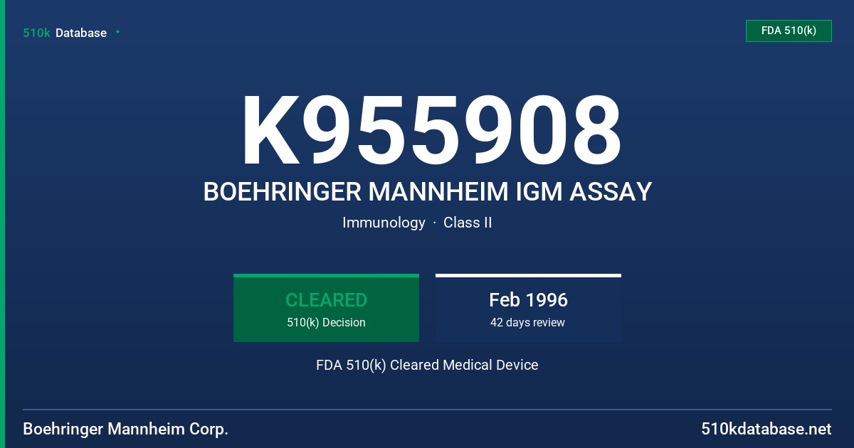 K955908 BOEHRINGER MANNHEIM IGM ASSAY FDA 510(k) Cleared Medical Device