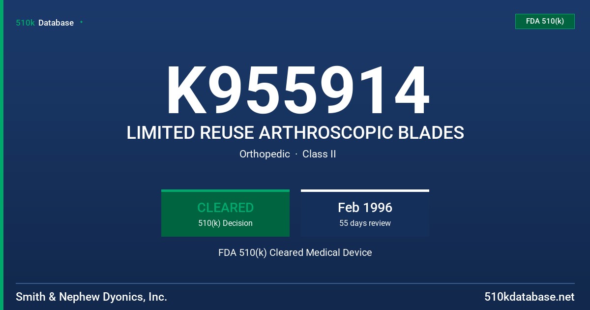 K955914 LIMITED REUSE ARTHROSCOPIC BLADES FDA 510(k) Cleared Medical Device