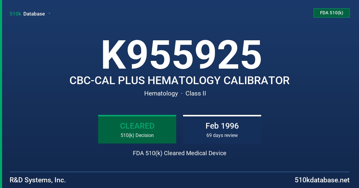 K955925 CBC-CAL PLUS HEMATOLOGY CALIBRATOR FDA 510(k) Cleared Medical Device