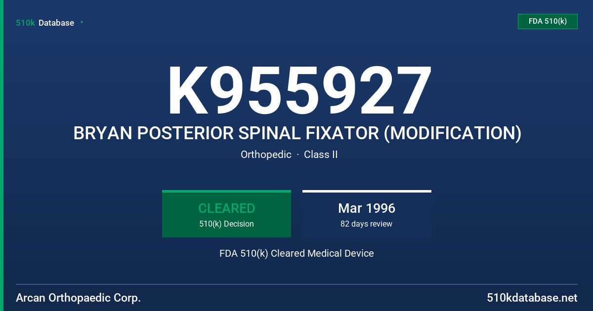 K955927 BRYAN POSTERIOR SPINAL FIXATOR (MODIFICATION) FDA 510(k) Cleared Medical Device