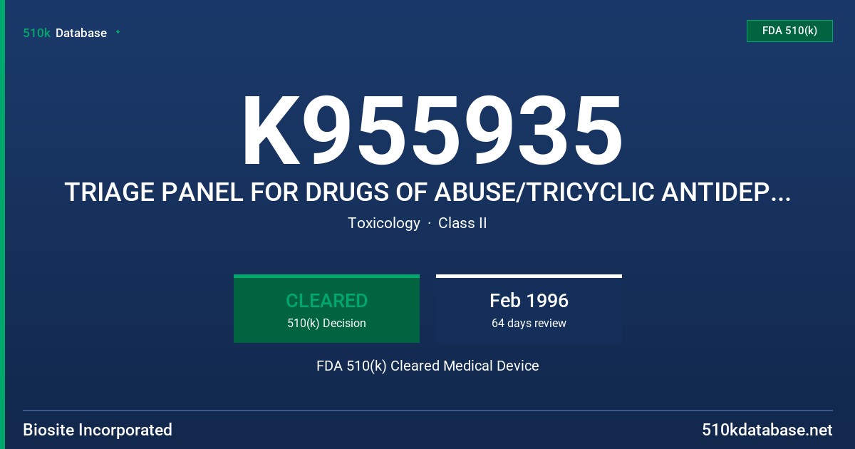 K955935 TRIAGE PANEL FOR DRUGS OF ABUSE/TRICYCLIC ANTIDEPRESSANTS FDA 510(k) Cleared Medical Device