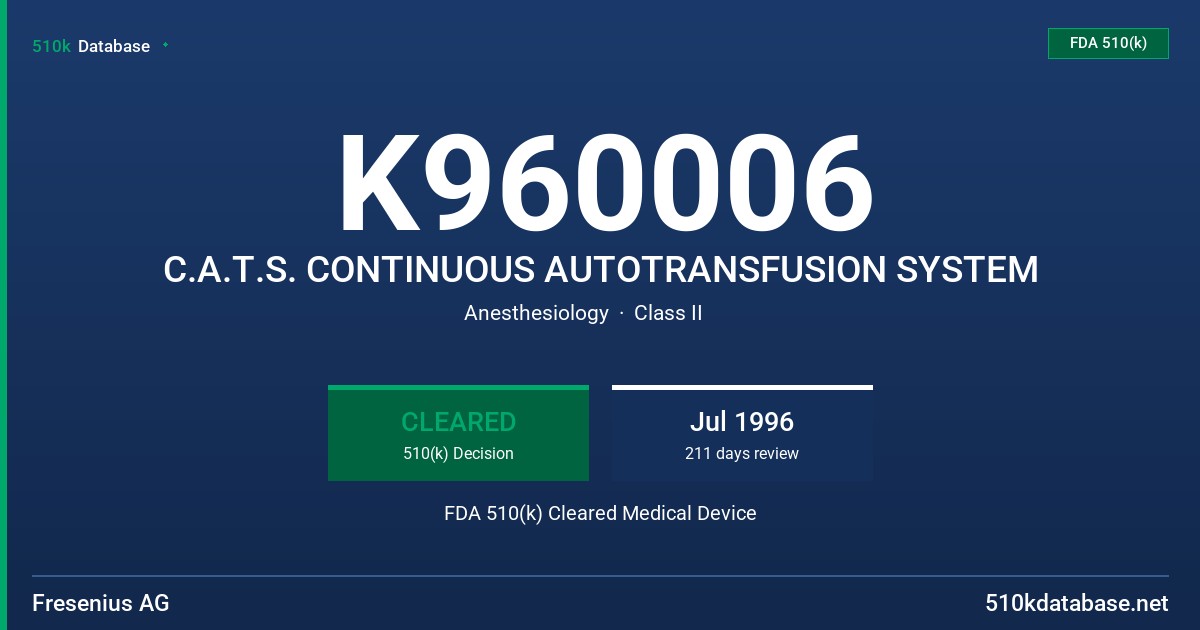 K960006 C.A.T.S. CONTINUOUS AUTOTRANSFUSION SYSTEM FDA 510(k) Cleared Medical Device