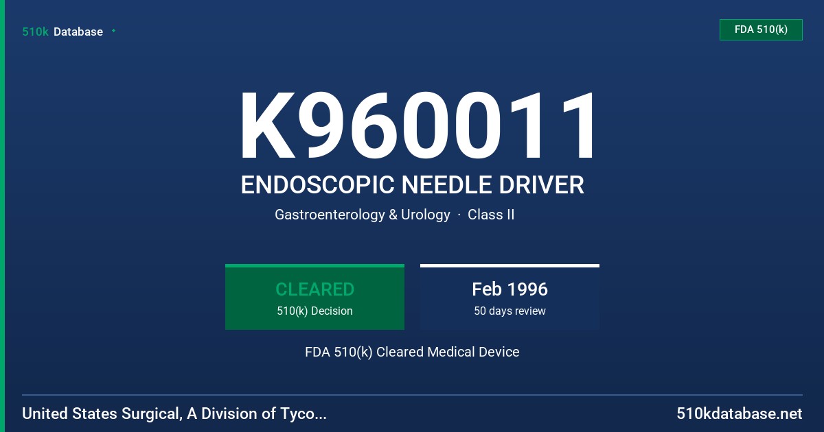 K960011 ENDOSCOPIC NEEDLE DRIVER FDA 510(k) Cleared Medical Device