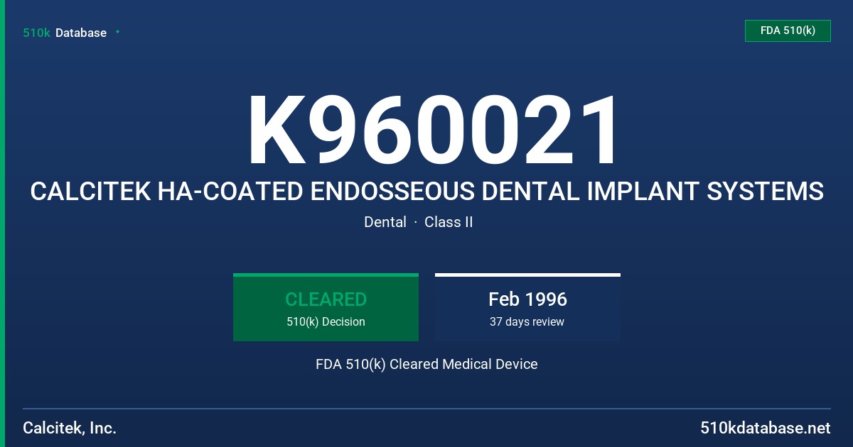 K960021 CALCITEK HA-COATED ENDOSSEOUS DENTAL IMPLANT SYSTEMS FDA 510(k) Cleared Medical Device