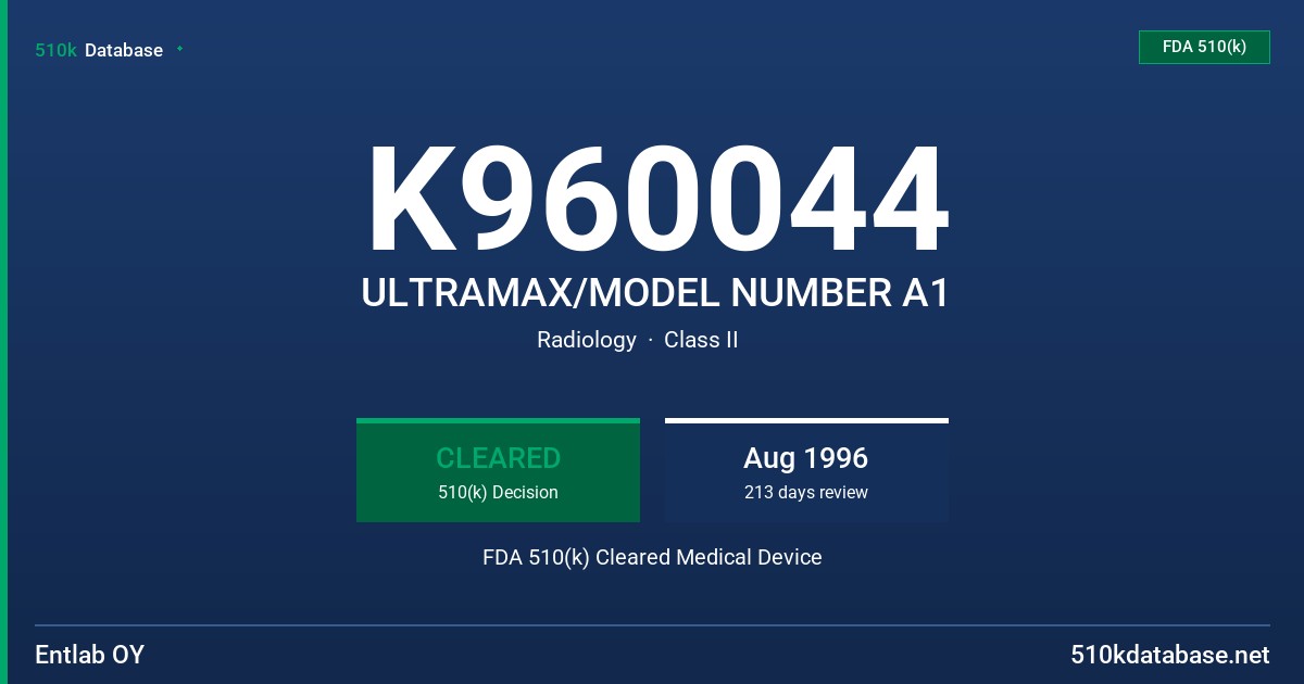 K960044 ULTRAMAX/MODEL NUMBER A1 FDA 510(k) Cleared Medical Device
