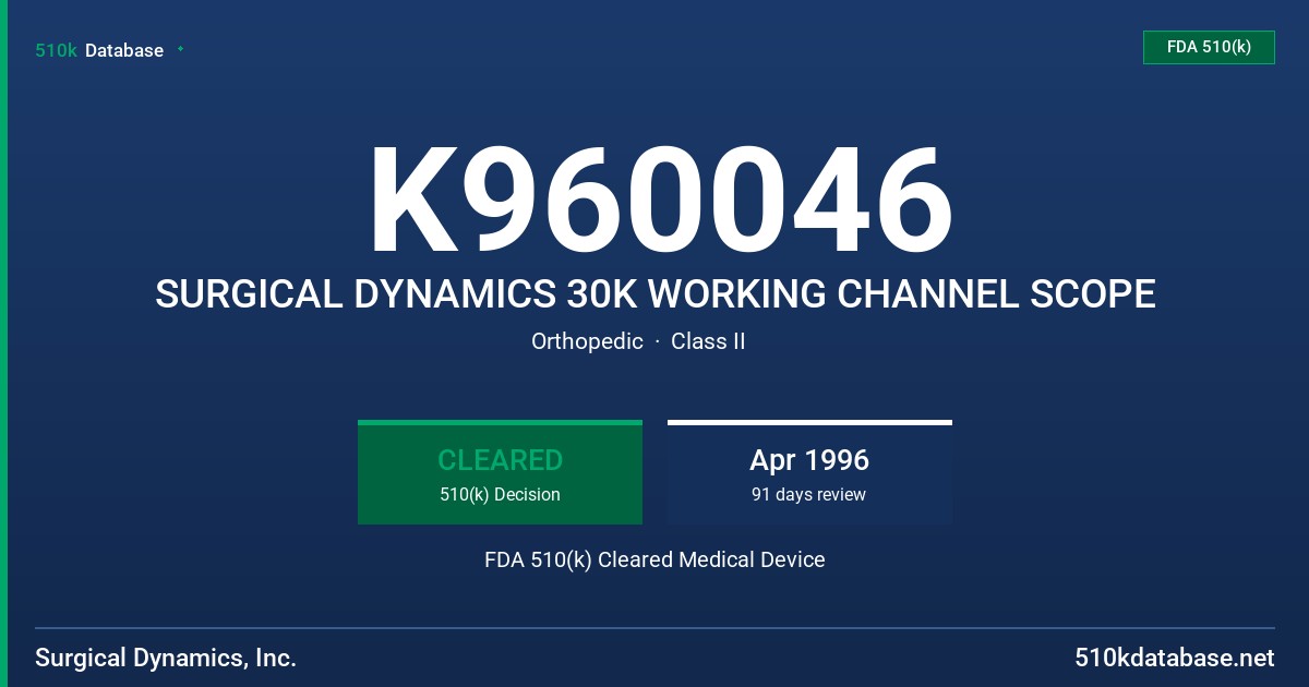K960046 SURGICAL DYNAMICS 30K WORKING CHANNEL SCOPE FDA 510(k) Cleared Medical Device
