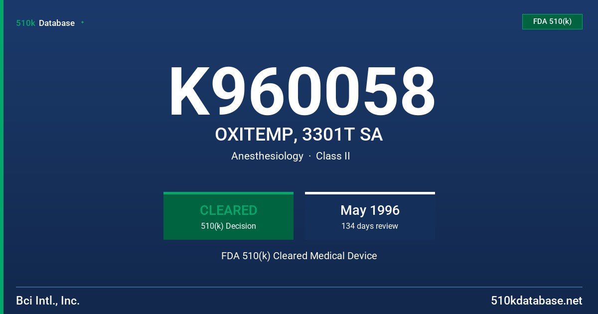 K960058 OXITEMP, 3301T SA FDA 510(k) Cleared Medical Device