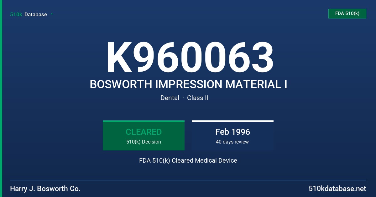 K960063 BOSWORTH IMPRESSION MATERIAL I FDA 510(k) Cleared Medical Device