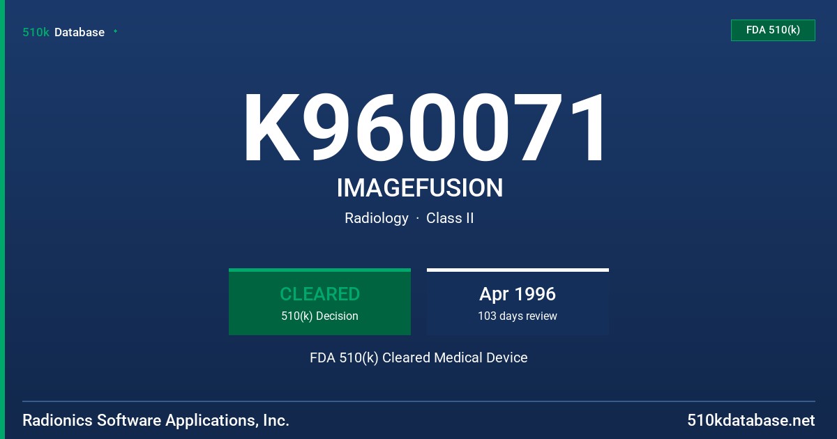 K960071 IMAGEFUSION FDA 510(k) Cleared Medical Device
