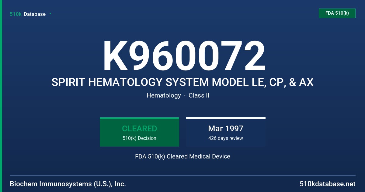 K960072 SPIRIT HEMATOLOGY SYSTEM MODEL LE, CP, & AX FDA 510(k) Cleared Medical Device