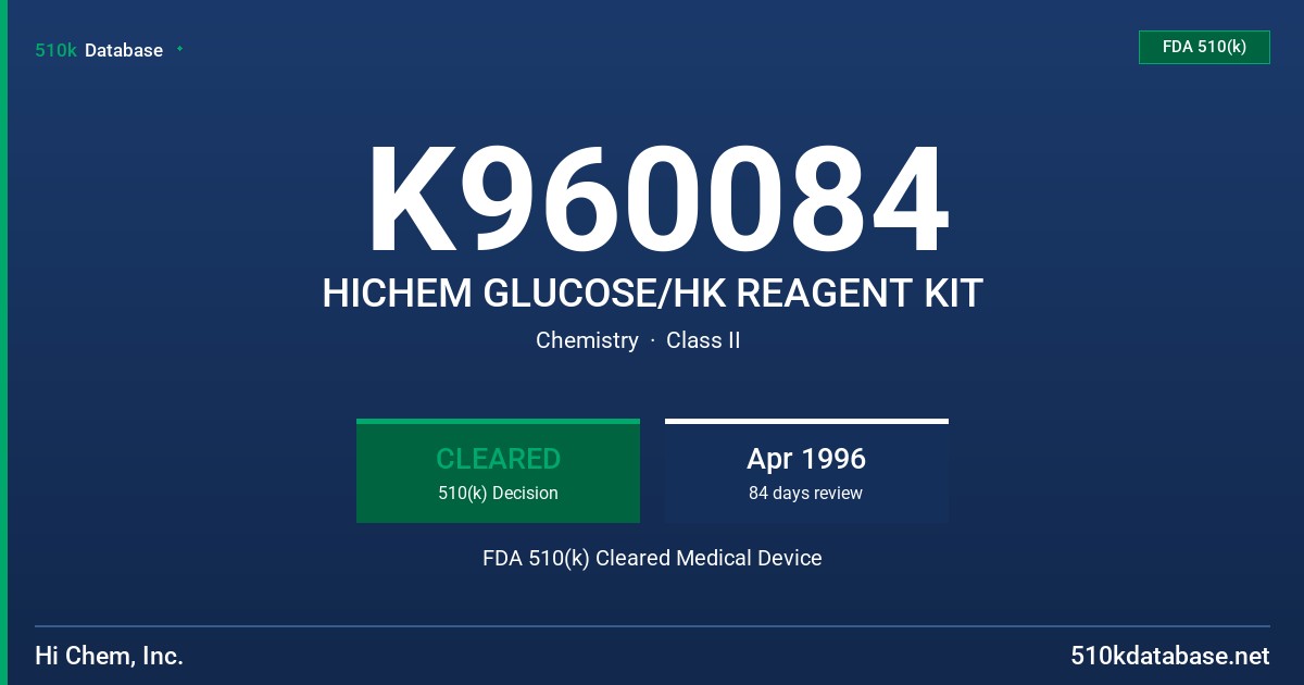 K960084 HICHEM GLUCOSE/HK REAGENT KIT FDA 510(k) Cleared Medical Device