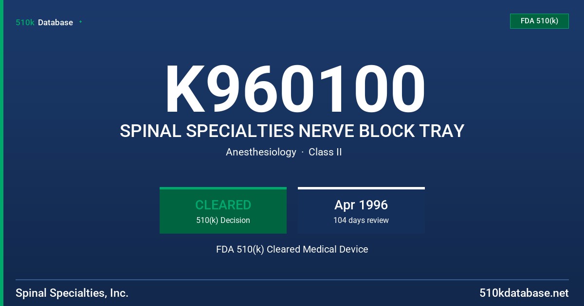 K960100 SPINAL SPECIALTIES NERVE BLOCK TRAY FDA 510(k) Cleared Medical Device
